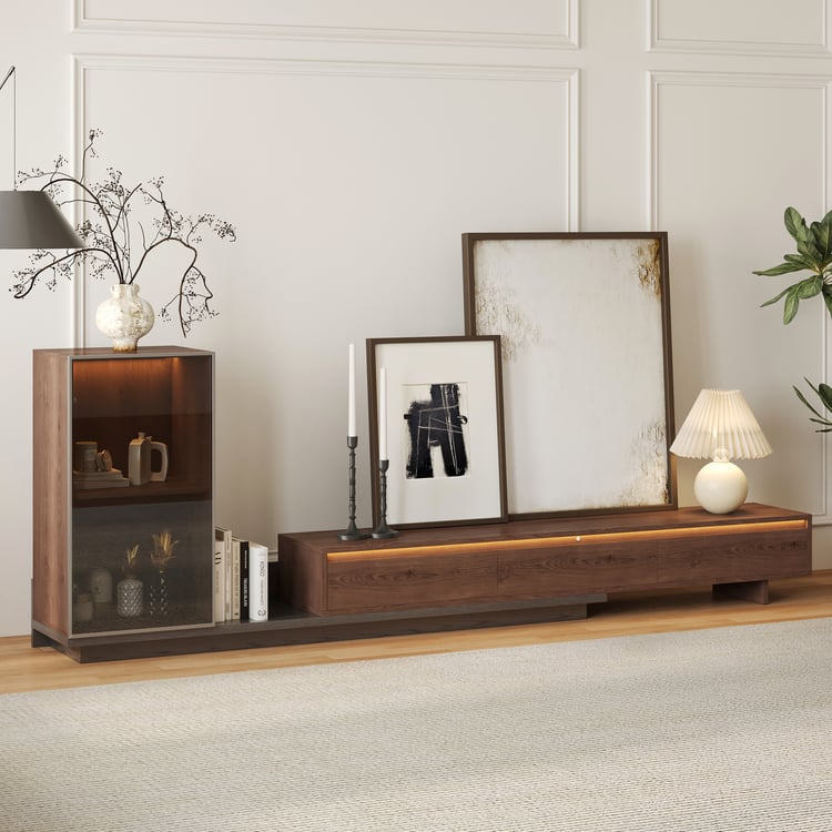 Fero 98"-155" Walnut & Gray Extendable TV Stand with Bookcase & LED Light