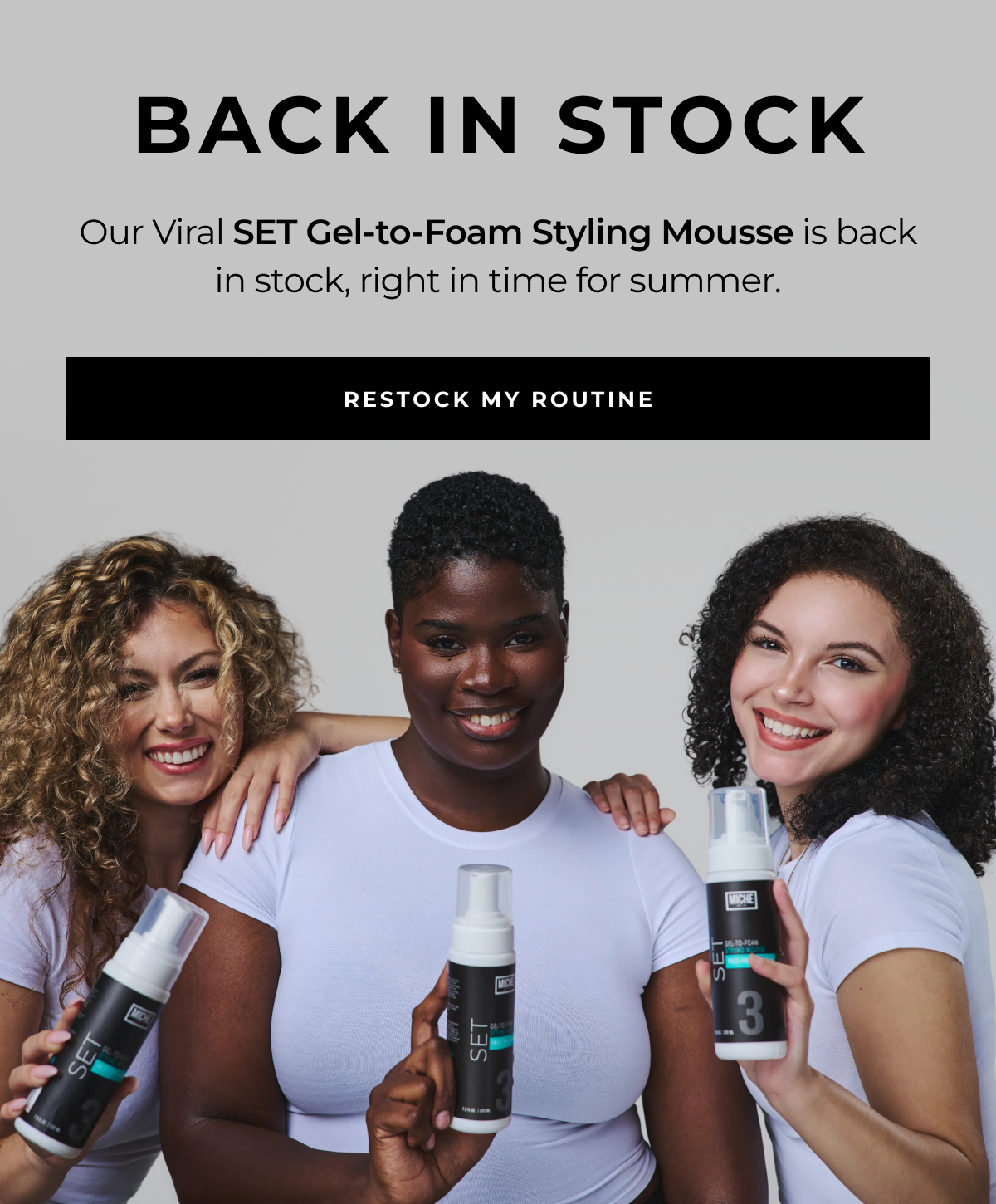 our viral set gel-to-foam styling mousse is back in stock, right in time for summer. back in stock restock my routine
