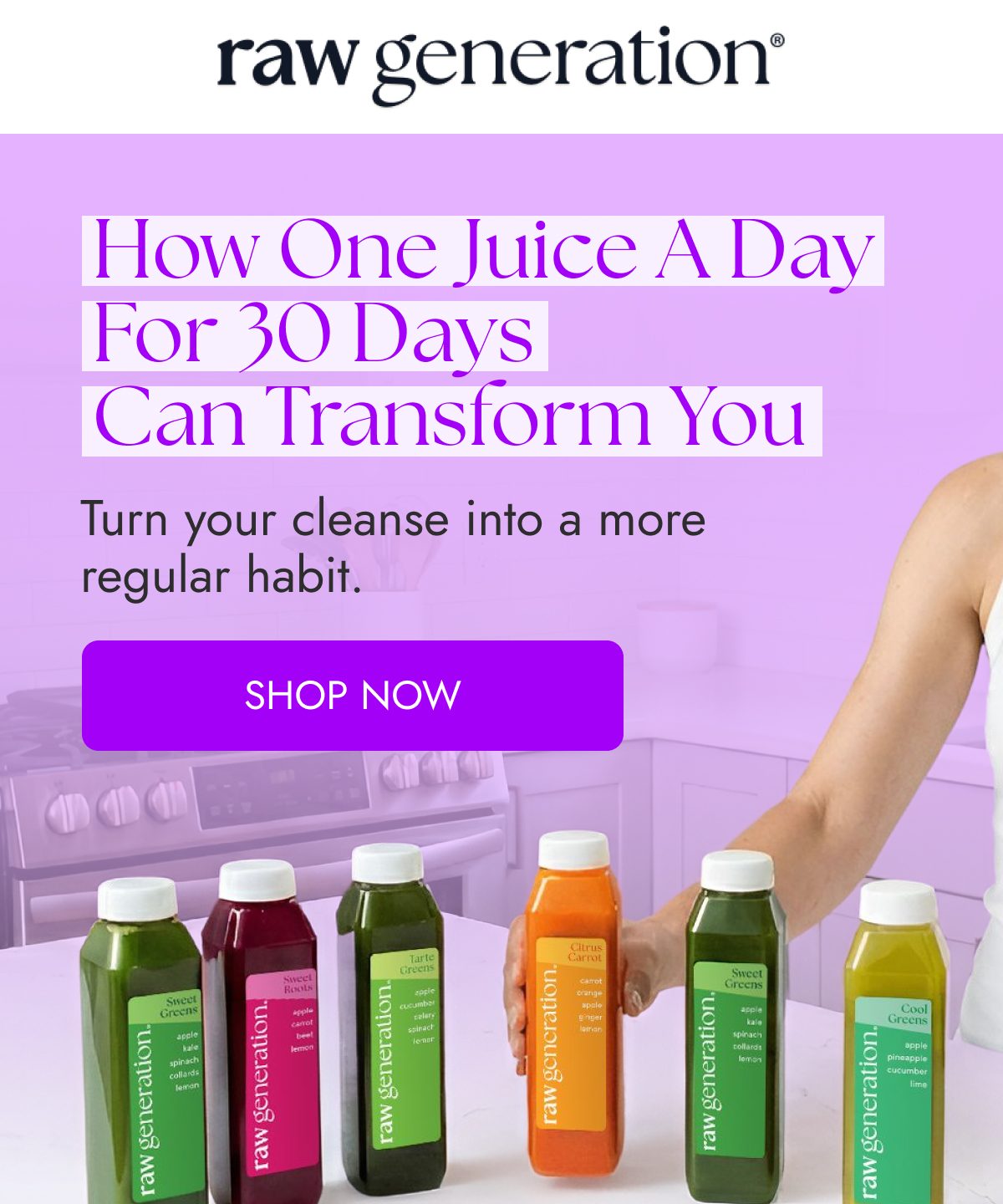 Juice bottles in various colors with text about a 30-day juice cleanse.