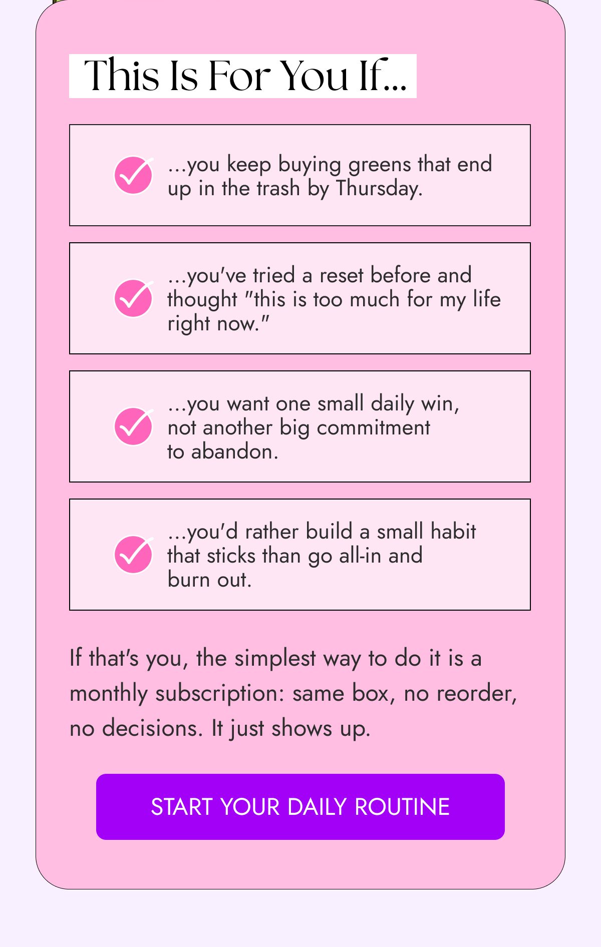 Text about daily routine commitment and benefits with a call to action.