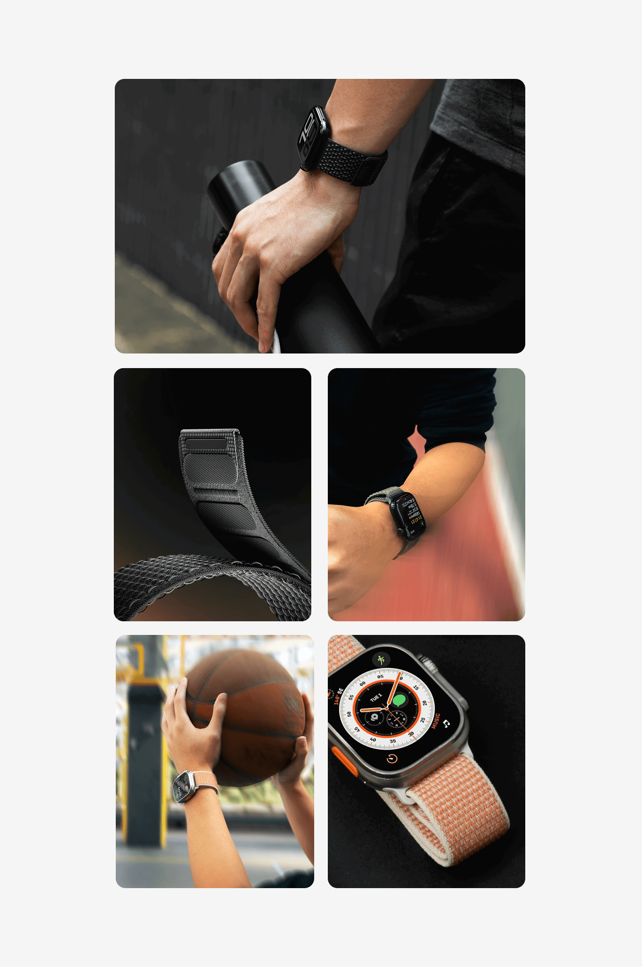 Bildekollasj av native Union sin Active Sport Loop. En rem laget for mennesker i aktivitet.