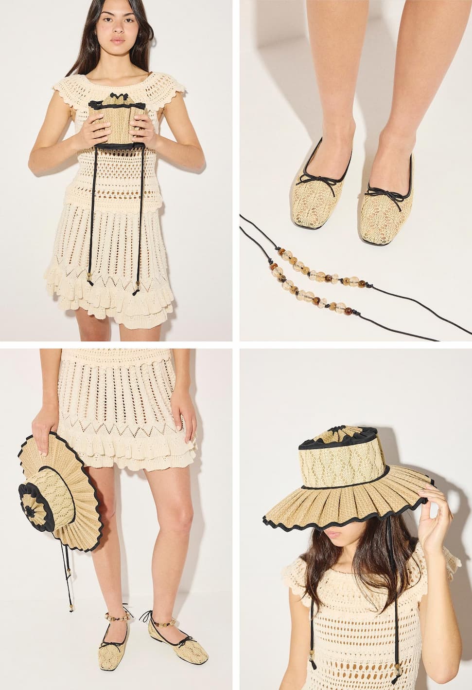 FS X Lorna Murray collection featuring a woman holding and wearing the sun hat and ballet flat with detachable beaded laces