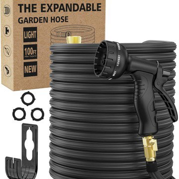 100ft Expandable Leakproof Garden Hose with 10-Function Spray Nozzle – Black