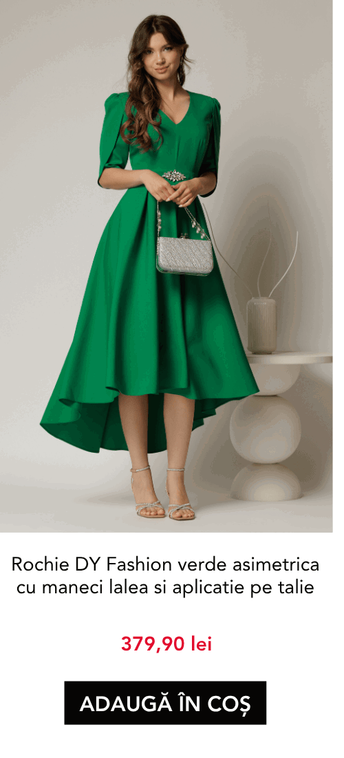 Rochie DY Fashion verde asimetrica cu maneci lalea si aplicatie pe talie