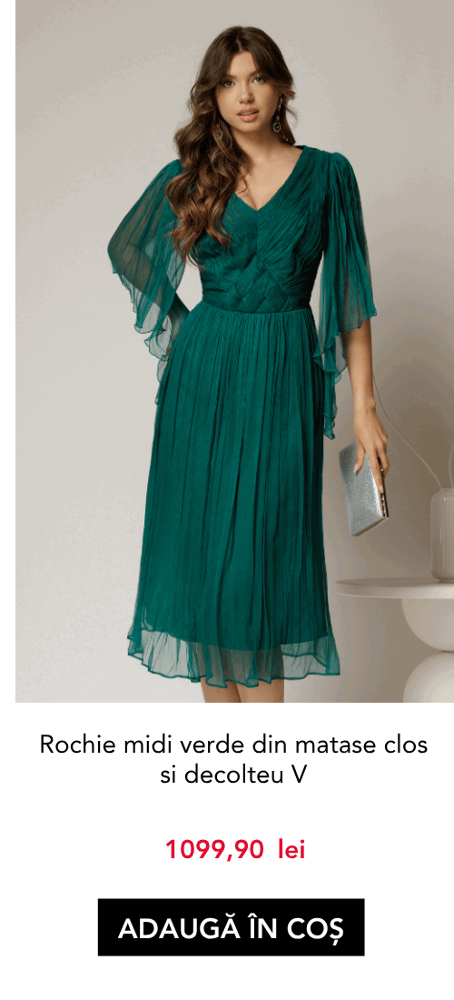 Rochie midi verde din matase clos si decolteu V