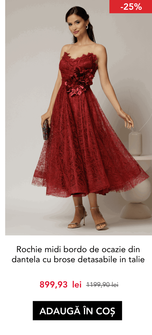 Rochie midi bordo de ocazie din dantela cu brose detasabile in talie