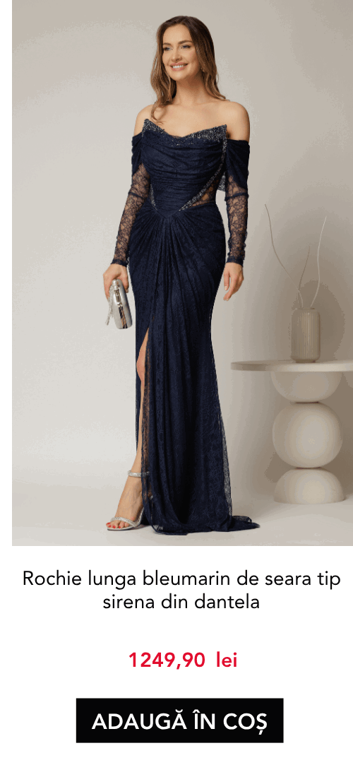 Rochie lunga bleumarin de seara tip sirena din dantela si decolteu accesorizat
