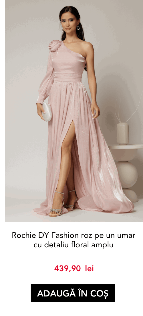 Rochie DY Fashion roz pe un umar cu detaliu floral amplu din voal peliculizat