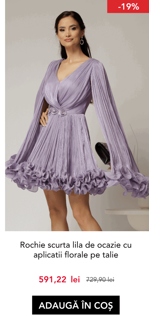 Rochie scurta lila de ocazie cu aplicatii florale pe talie din voal peliculizat