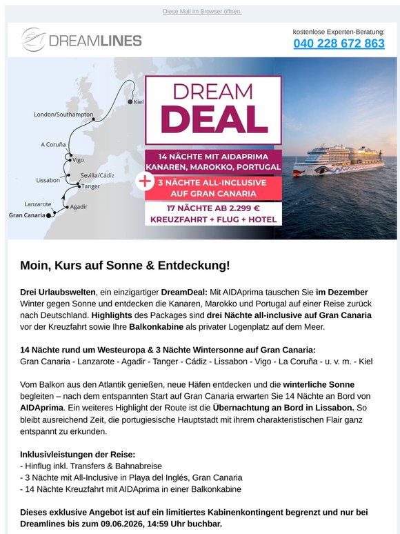 DreamDeal mit AIDAprima: Kanaren bis Kiel