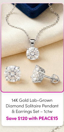14K Gold Lab-Grown Diamond Solitaire Pendant & Earrings Set – 1ctw | Save $120 with PEACE15