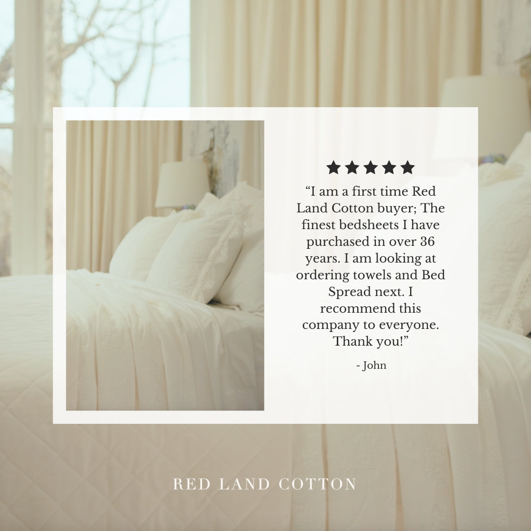 A beautifully made bed with white linens. A customer testimonial for Red Land Cotton is overlaid on the image.