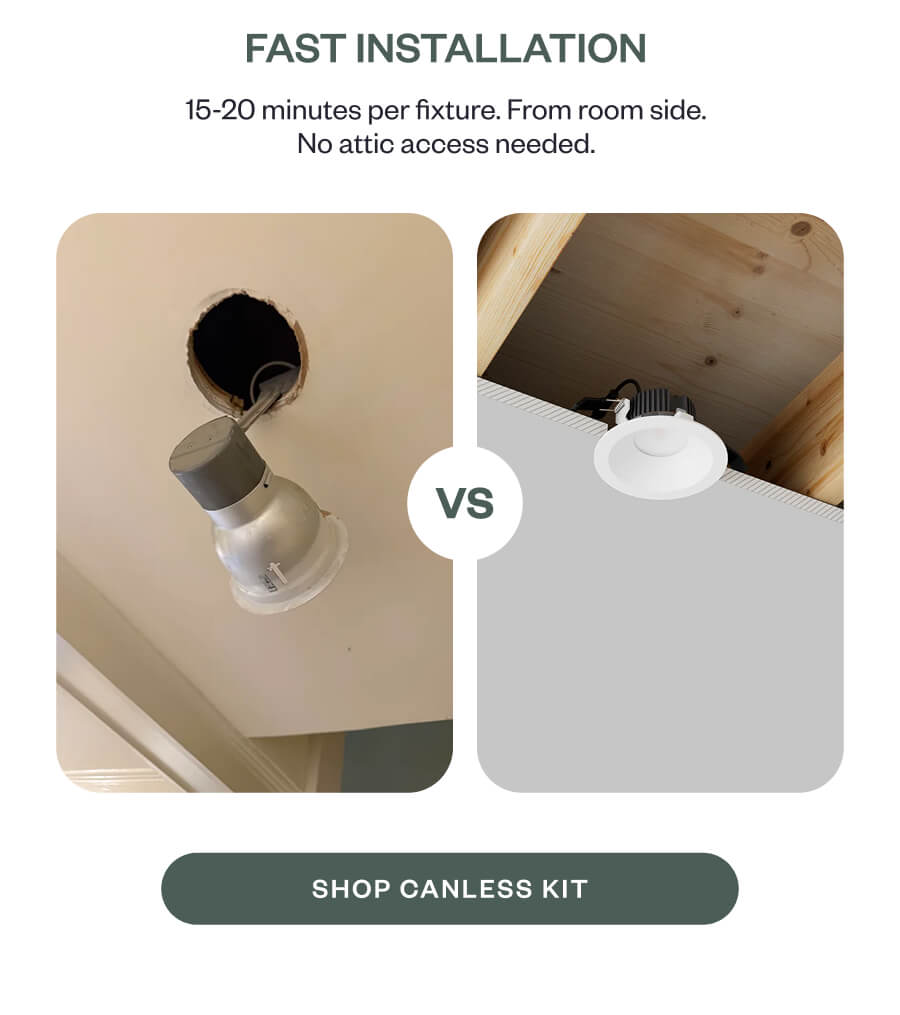 Fast installation 15-20 minutes per fixture. From room side. No attic access needed. vs SHOP CANLESS KIT