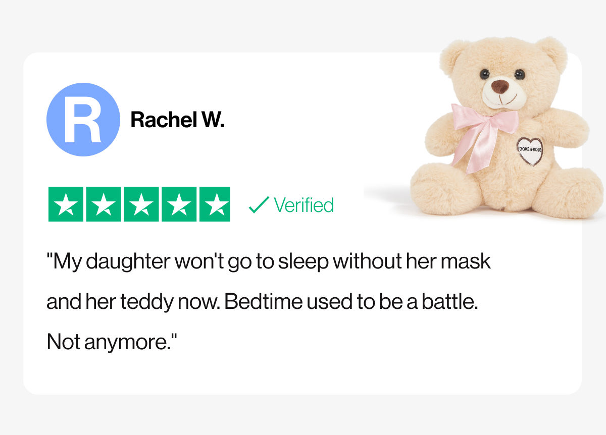 R | Rachel W. | September 6, 2025 | Verified | "My daughter won't go to sleep without her mask and her teddy now. Bedtime used to be a battle. Not anymore."