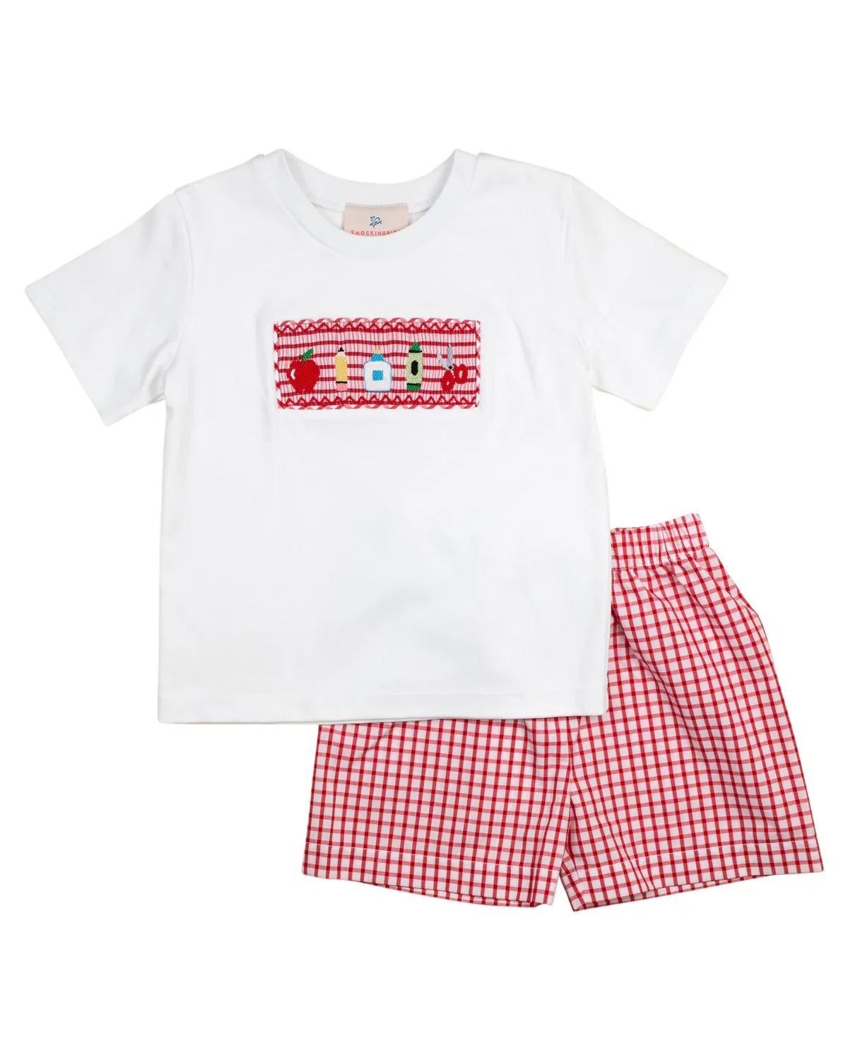 Image of School Supplies Smocked Red Windowpane Shorts Set