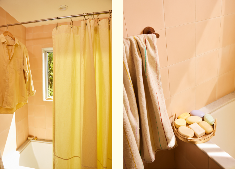 Close up of vintage oxford shower curtain and shirt