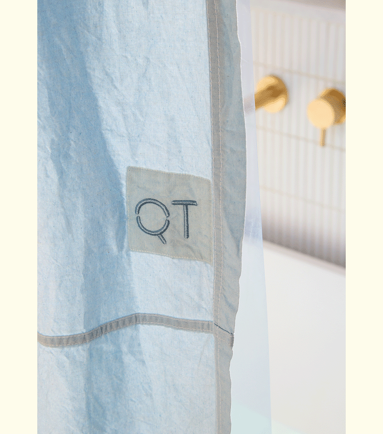 close up image of vintage oxford shower curtain 