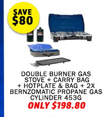 Double Burner Gas Stove + Double Burner Carry Bag + Hotplate and Bag + 2x Propane Gas Cylinder 453G