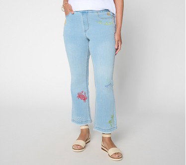 Susan Graver Petite Stretch Denim Soleil Embroidered Jeans