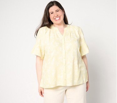 Denim & Co. Naturals Linen Blend Elbow Sleeve Printed Blouse