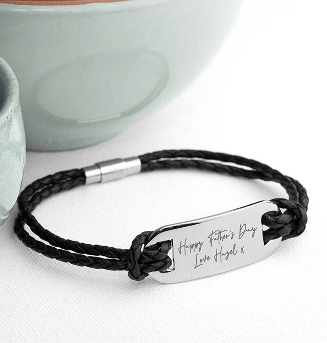 Personalised Handwriting Men's Black Leather Bracelet