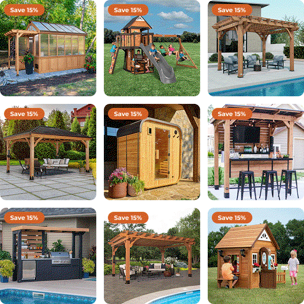 Grid of Backyard Discovery products including Outdoor Kitchens, Carports, Pergolas, Swing Sets, Saunas, Bars, Gazebos, Animal Enclosures, Greenhouses and more all on sale