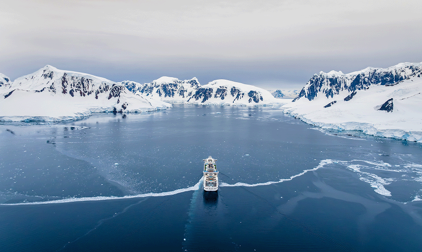 A Princess ship sails through Antarctica.