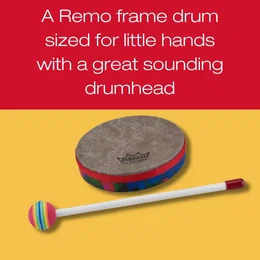 “Remo frame drum sized for little hands with a great sounding drumhead” with a Remo Kids Percussion 6-inch frame drum and mallet.