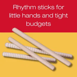 “Rhythm sticks for little hands and tight budgets” with four Westco maple rhythm sticks.