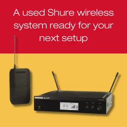 “A used Shure wireless system ready for your next setup” with a Shure BLX wireless receiver and bodypack transmitter.
