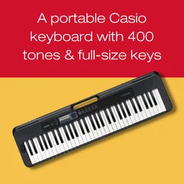 “A portable Casio keyboard with 400 tones & full-size keys” with a black Casio Casiotone keyboard.
