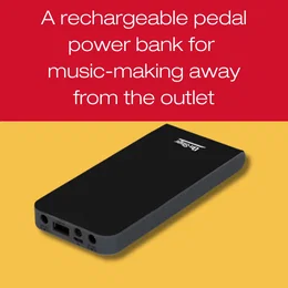 “A rechargeable pedal power bank for music-making away from the outlet” with an On-Stage PS1000 power bank.