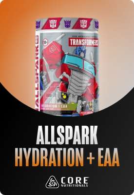 Can of Core Nutritionals AllSpark Hydration + EAA featuring Optimus Prime Transformers artwork on colourful label