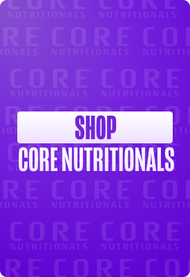 Button reading "SHOP CORE NUTRITIONALS" on a purple branded background with repeating Core Nutritionals logo