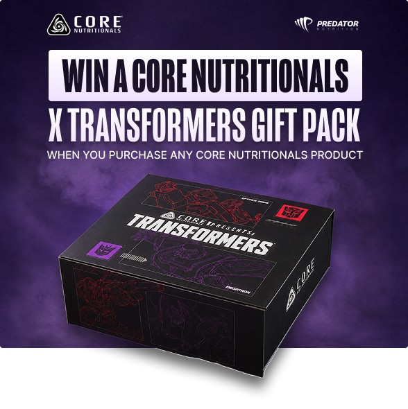 Promotional poster for Core Nutritionals x Transformers gift pack giveaway, showing branded Transformers gift box and offer text