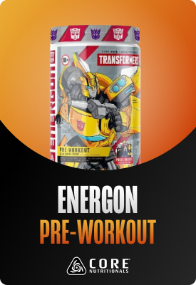 Can of Energon pre-workout by Core Nutritionals featuring Transformers Bumblebee artwork and product branding