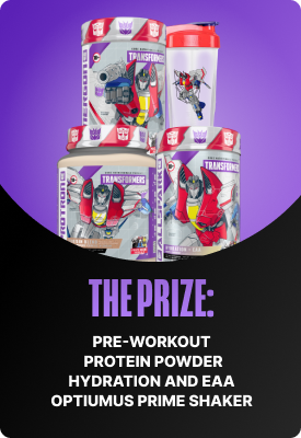 Transformers-branded pre-workout, protein powder and EAA tubs with Optimus Prime shaker on purple background