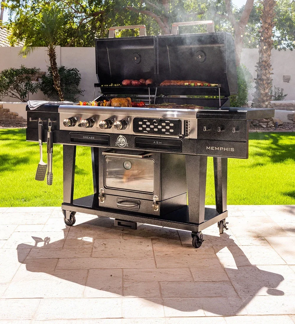 Image of Pit Boss Memphis Ultimate 2.0 Gas and Charcoal Combo Grill with Smoker + Free 6 Piece Cast Iron Cooking Set