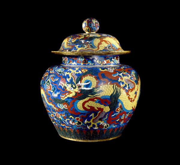 Large cloisonné enamel jar.