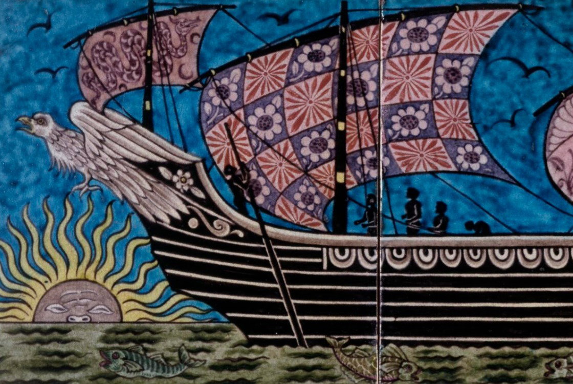 Panel of three earthenware tiles of a long ship with an eagle at the front. 