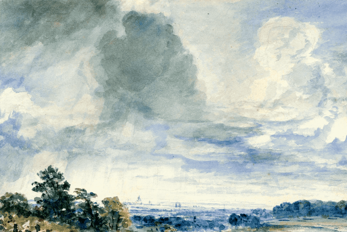 Watercolour painting of London from Hampstead Heath; Lithograph print of the British Museum from Great Russell Street; Watercolour painting of Hungerford Bridge from the Savoy Wharf. 