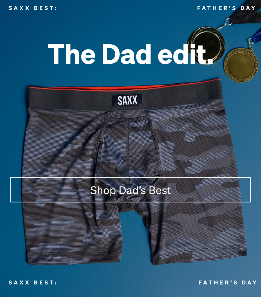Father’s Day Dad Edit featuring a pair of SAXX Best boxer briefs in a dark camo print on a blue background.