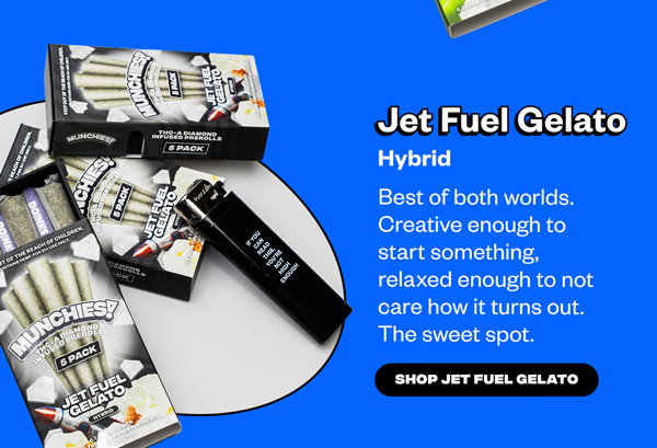 Jet Fuel Gelato — Hybrid Best of both worlds. Creative enough to start something, relaxed enough to not care how it turns out. The sweet spot.