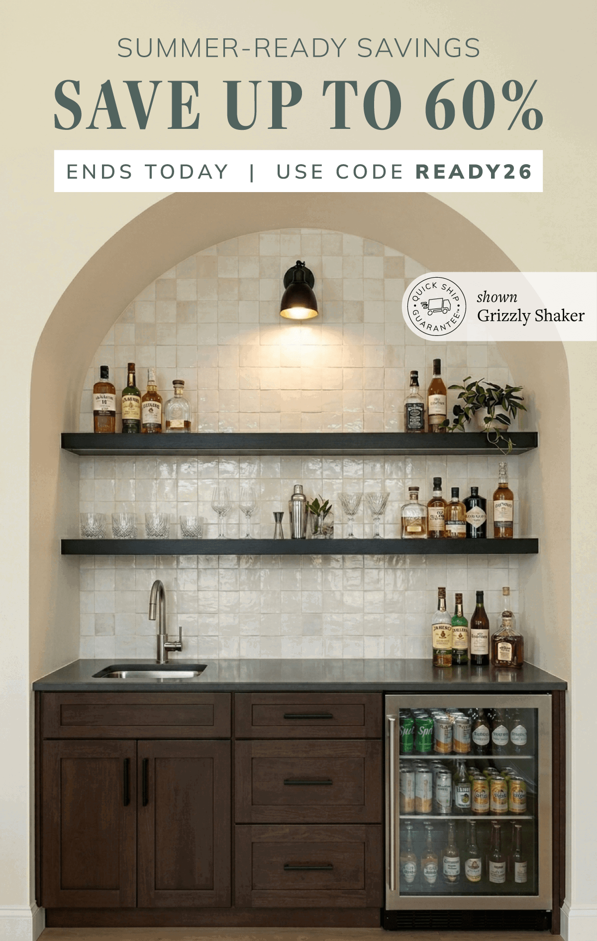 Save up to 60% Off during Summer Ready Savings. Featured: Home office in sage green cabinetry.