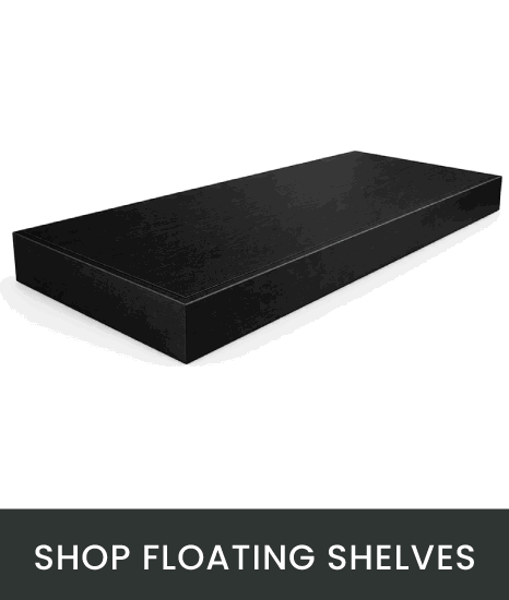 Shop Floating Shelves: Black rectangular floating shelf on white background.