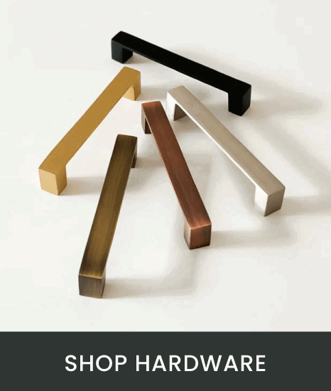 Shop Hardware: Five handle pulls in different finishes on display.