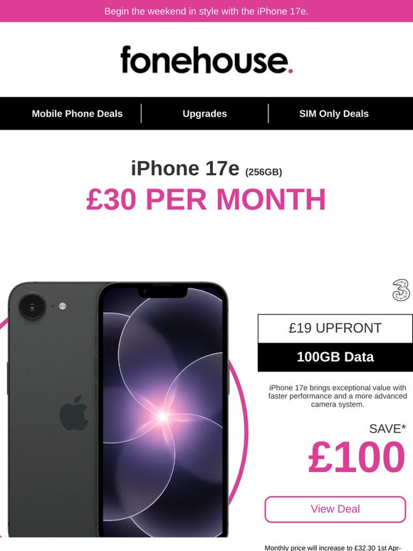 Grab the iPhone 17e with 100GB of data today!