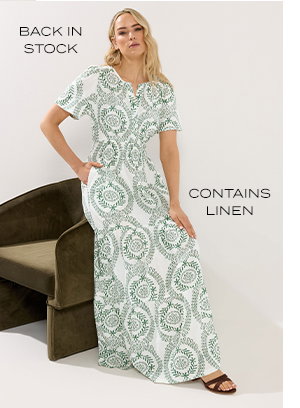 Green & White Leaf Print Linen Maxi Dress