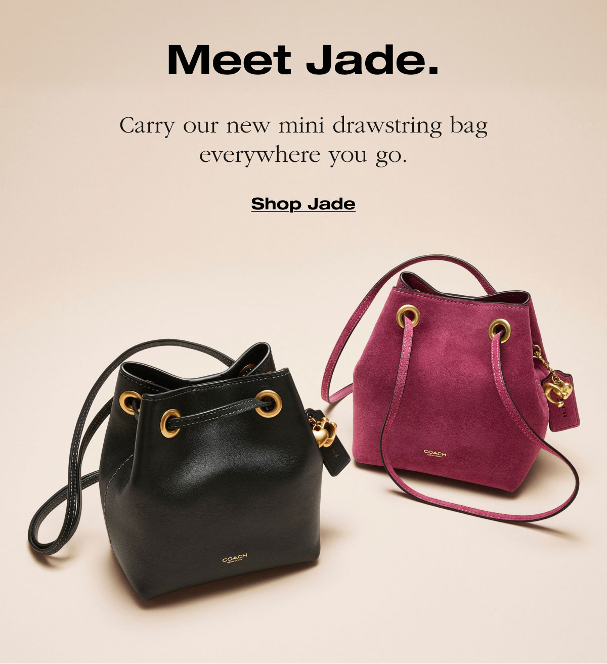 Meet Jade. Carry our new mini drawstring bag everywhere you go. Shop Jade