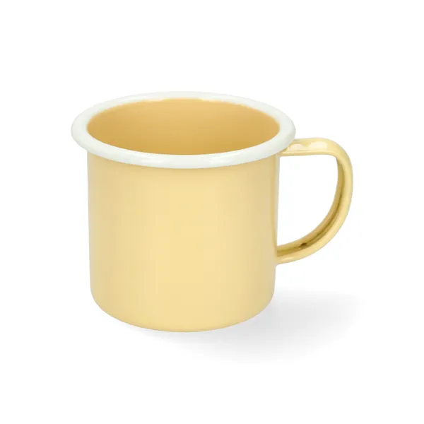 Becher mit Henkel, Emaille, hellgelb mit weißem Rand, Ø8 cm